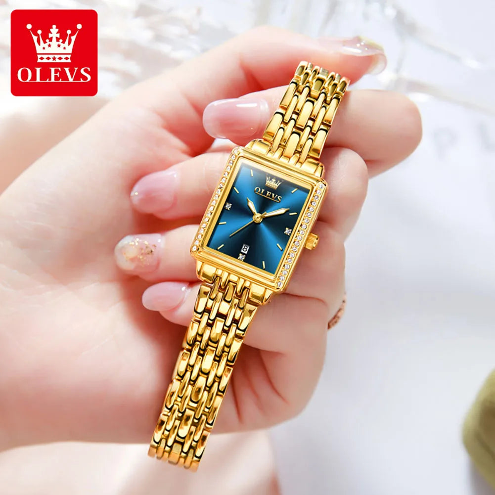 OLEVS Brand Fashion Blue Rectangle Dial Quartz Watch Women Luxury Gold Stainless Steel Strap Womens Watches Relogio Feminino