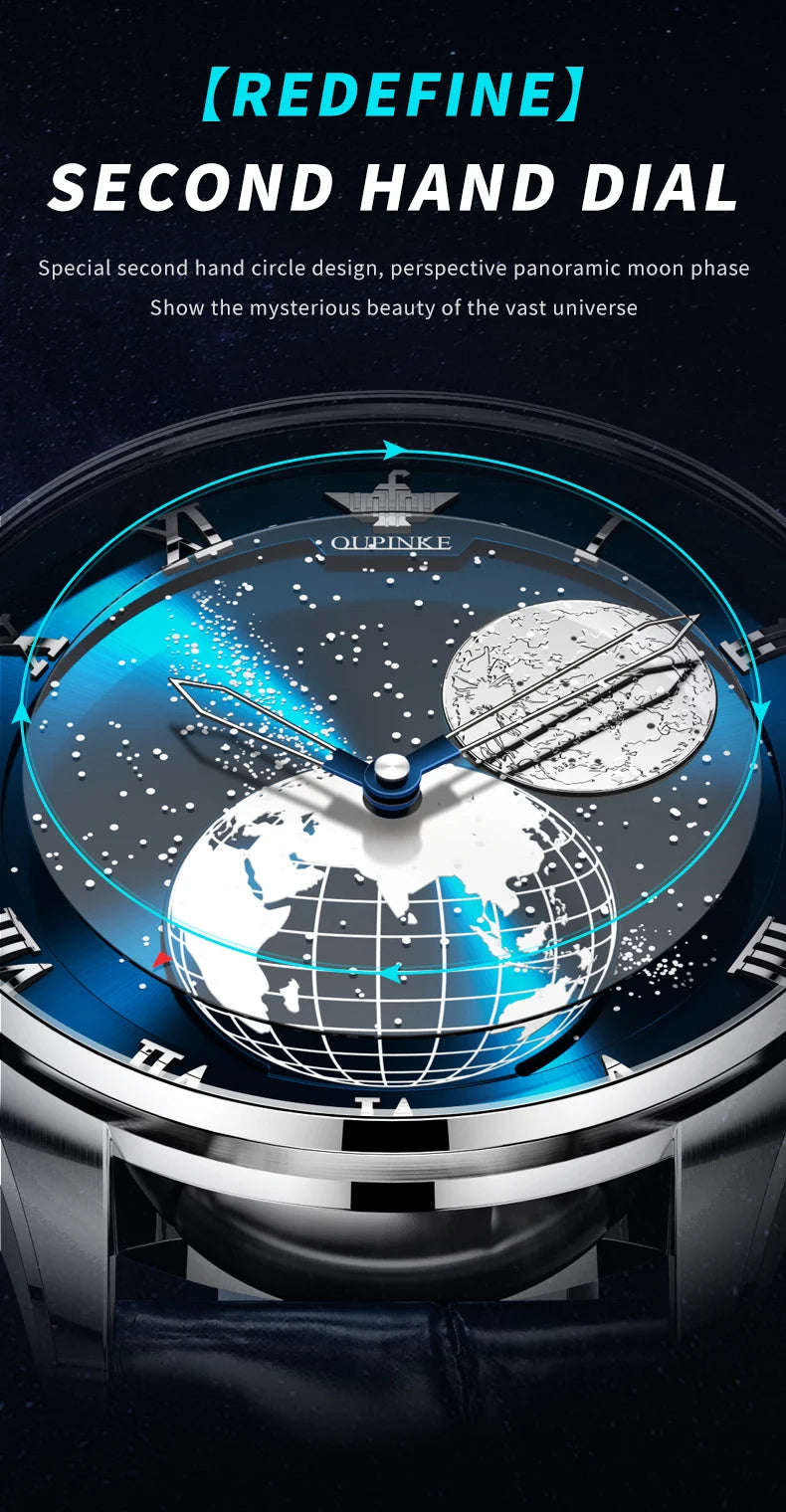 OUPINKE 3230 Men Watch Luxury 3D Earth Starry Sky Moon Phase Rotating Dial Business Waterproof Men Automatic Mechanical Watch