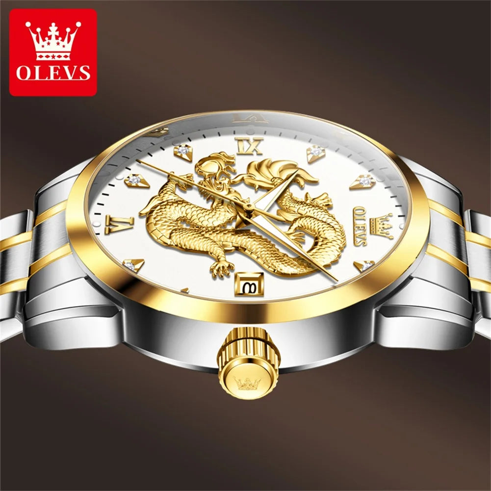 OLEVS Luxury Brand New Men's Watches Dragon Waterproof Domineering Quartz Watch Stainless Steel Strap Original Male Wristwatch