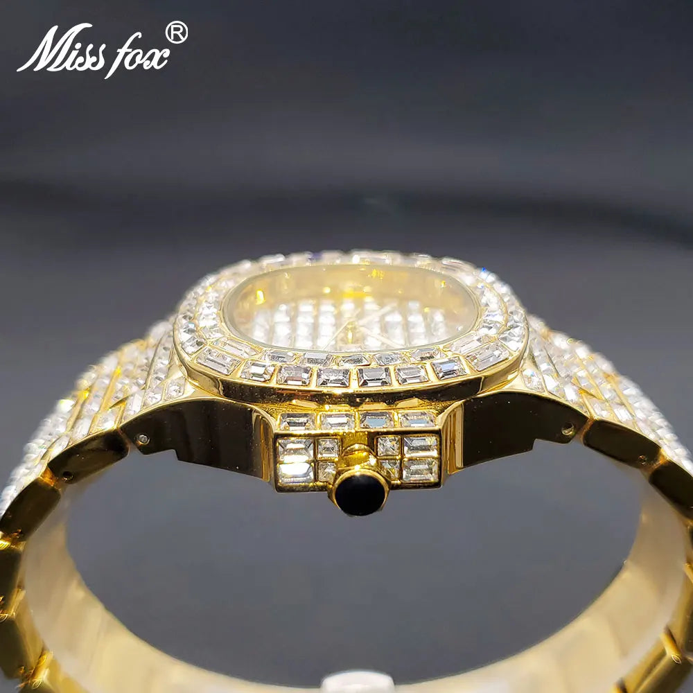 Men's Gold Quartz Watch Luxury Classic Stylish Square Baguette Diamond Wristwatches For Men Calendar Waterproof Hand Clock New