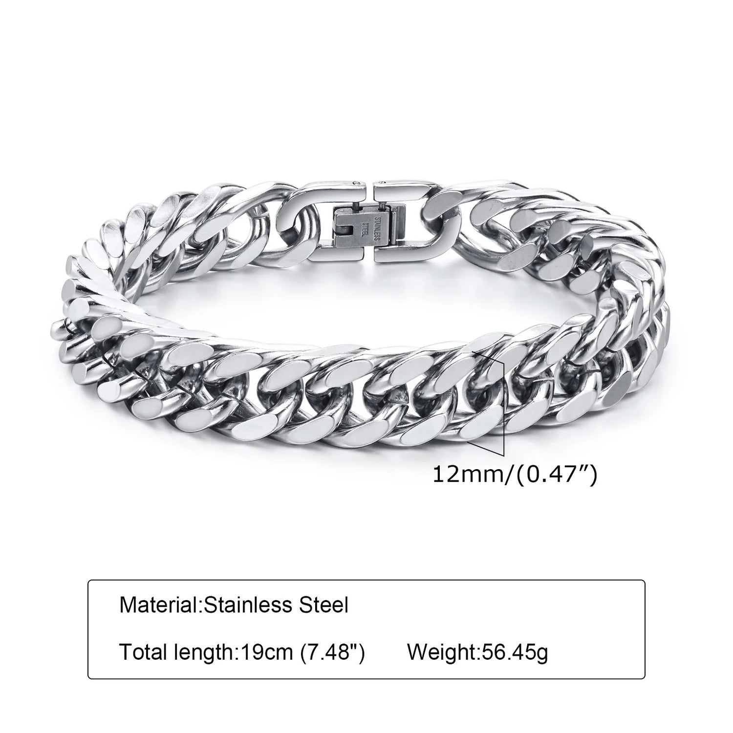 Vnox 12/15MM Width Stainless Steel Cuban Chain Bracelets for Men, Silver Color Fashion Hip Hop Male Boy Wristband Jewelry