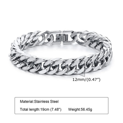 Vnox 12/15MM Width Stainless Steel Cuban Chain Bracelets for Men, Silver Color Fashion Hip Hop Male Boy Wristband Jewelry