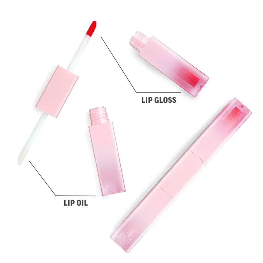 Custom 7colors Gradient Pink Tube Lipgloss Non-stick Cup Matte Waterproof 2in1 Double-head Long Lasting Hydrating Lip Oil Makeup