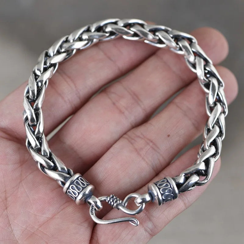 NEW 100% Solid S925 Pure Silver Bracelet For Men Retro Fashion Jewelry Men's Silver Bracelet