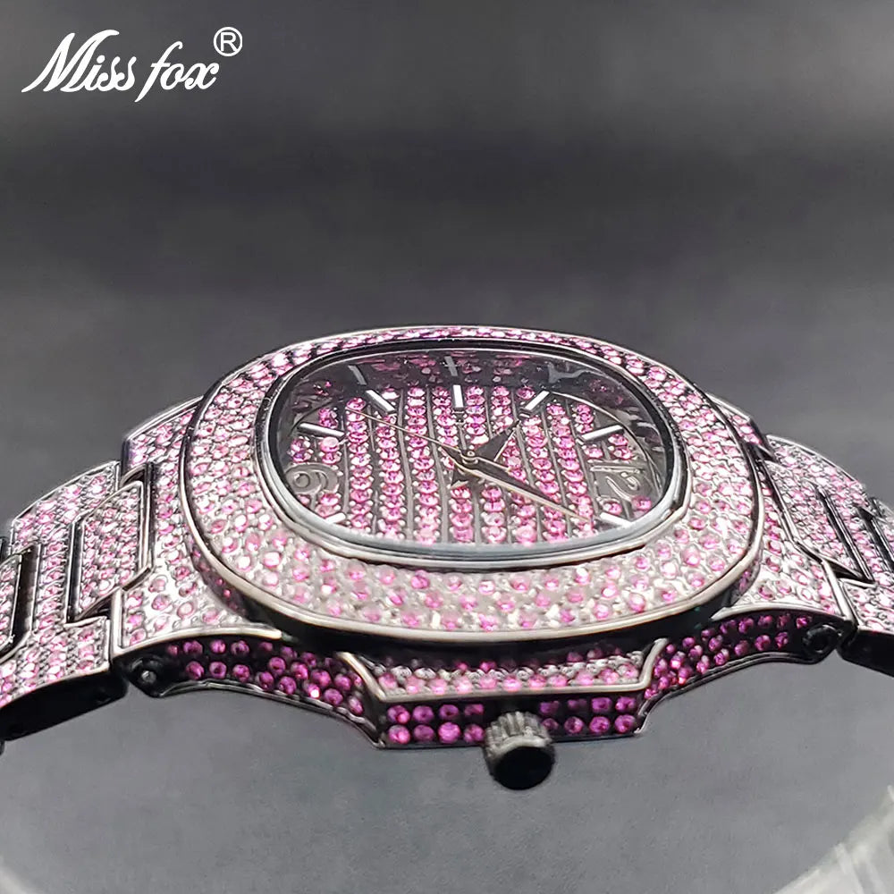 Diamond Men's Watch Black Full Pink Zircon Bling Bling Hip Hop Stylish Quartz Watch For Man Calendar Hand Clock Dropshipping