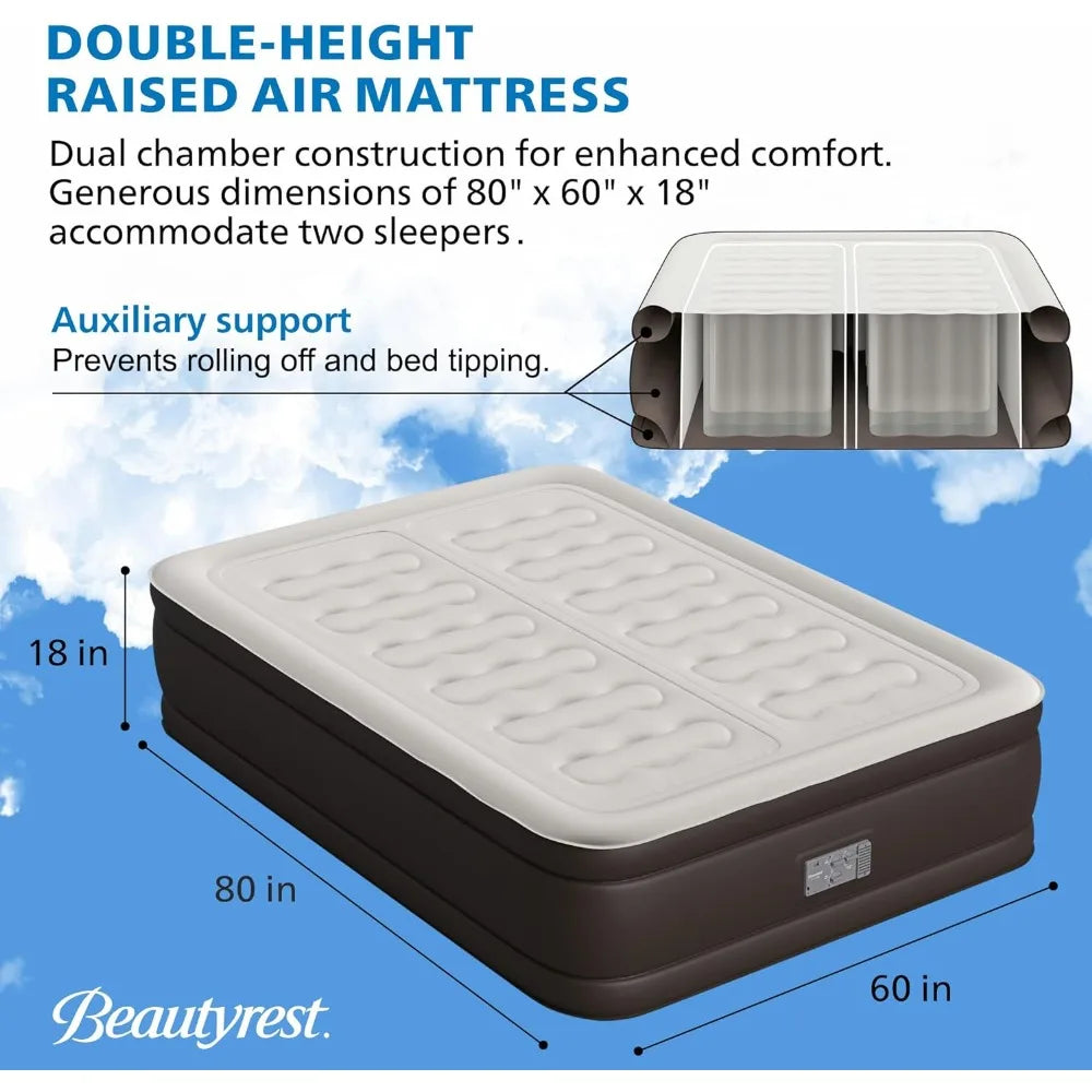 Silver 18" Duet Air Mattress, Queen Size - Dual Control Sleep Zones, Edge Support, High-Speed Pump, Ideal for Camping & Guests,