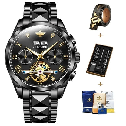 OUPINKE 3186 High Quality Luxury Skeleton Flywheel Automatic Watch for Men 5Bar Waterproof Dual Calendar Brand Men&