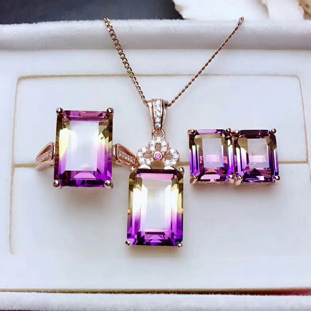 MeiBaPJ Natural Ametrine 925 Sterling Silver Necklace Earrings and Rings Jewelry Set for Women Wedding Party Fine Jewelry