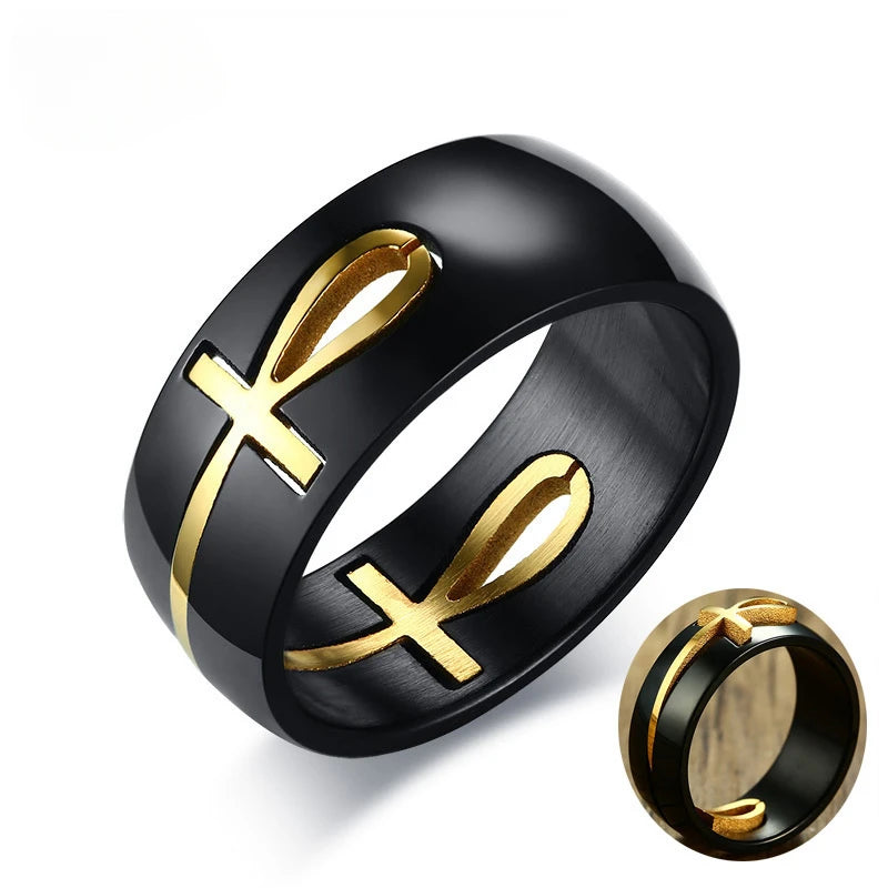 Separable Ankh Egyptian Cross Ring for Men Black Gold Color Stainless Steel Rings Key of Life Wedding Male Anel Jewelry Gifts