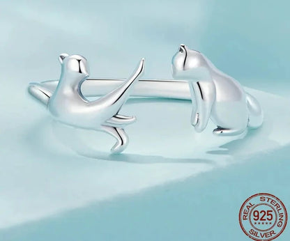 Silver Cute Double Cat Adjustable Ring.