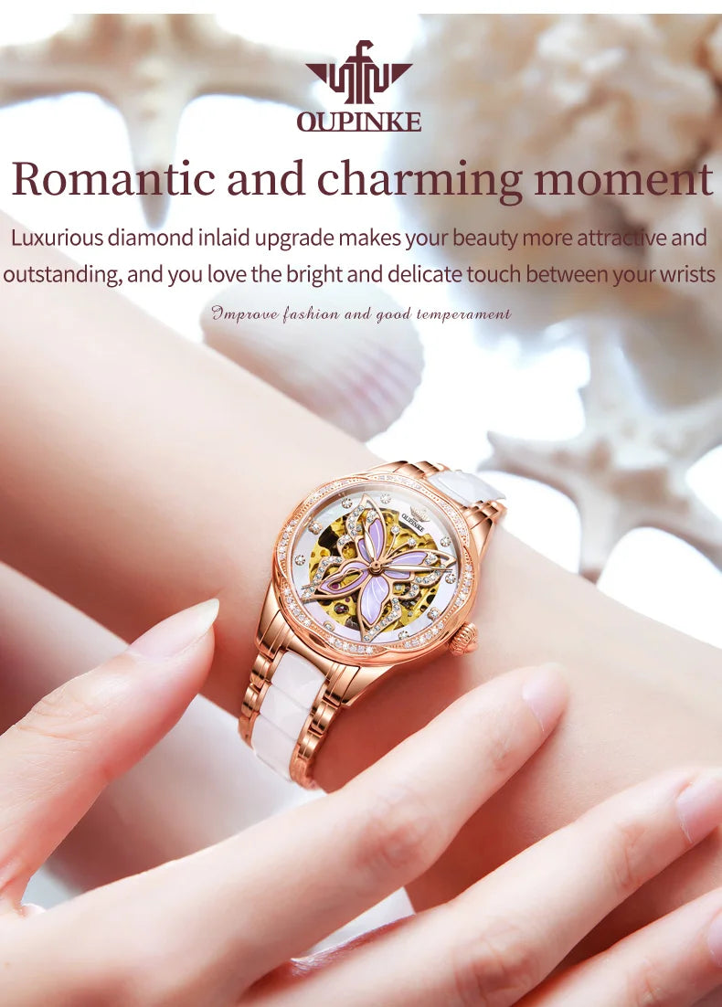 OUPINKE 3239 Hollow Skeleton Mechanical Watch For Women Top Brand Luxury Original Wristwatch Synthetic Sapphire Mirror Watches