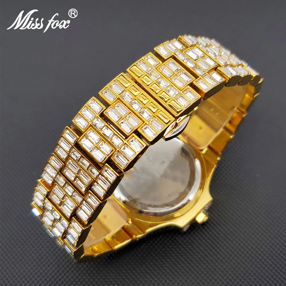 Men's Gold Quartz Watch Luxury Classic Stylish Square Baguette Diamond Wristwatches For Men Calendar Waterproof Hand Clock New