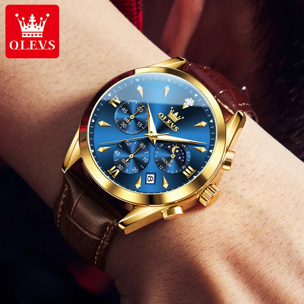 OLEVS Original Men's Watches Moon Phase Luminous Quartz Watch Leather Strap Chronograph Waterproof Calendar Business Wristwatch