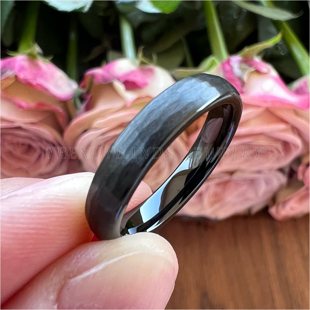 Men's Women's Wholesale Black Hammered Tungsten Cabide Wedding Band Engagement Rings Fashion Jewelry Domed Brushed Finish