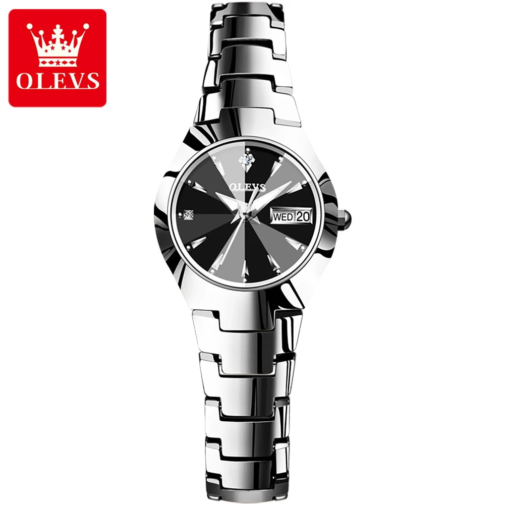 OLEVS Luxury Tungsten Steel Silver Bracelet Quartz Watch for Women Waterproof Week Date Woman Wristwatch Elegant Ladies Clock