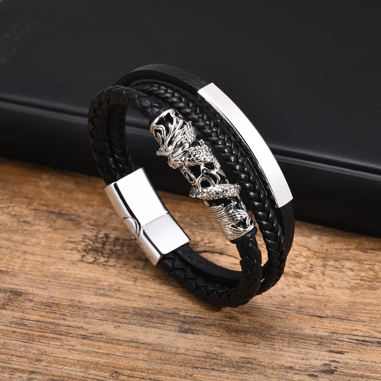 Vnox Chinese Dragon Charm Bracelets for Men Boys, Black PU Leather Bangle, Cool Ethnic Amulet Wristband Jewelry