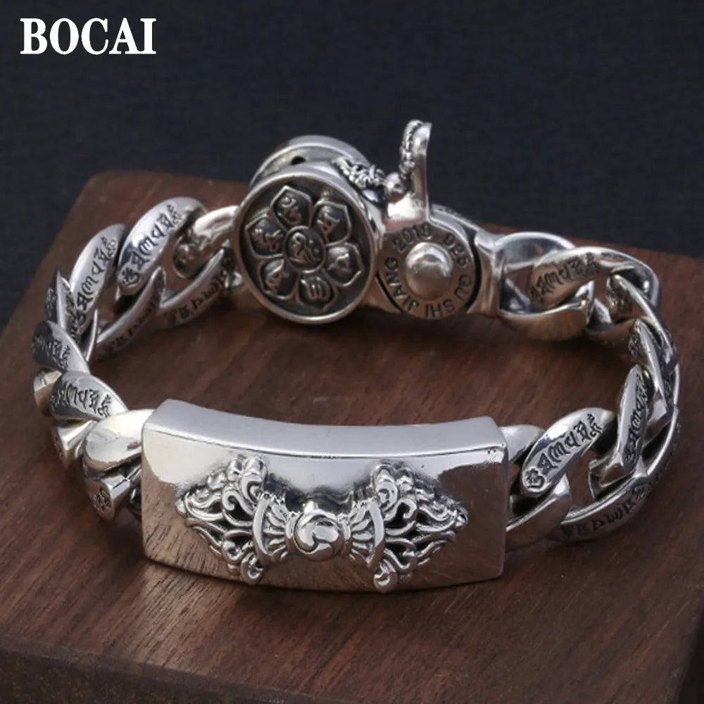 BOCAI s925 Silver Fashion Jewelry Accessorie Six-Character Mantra of Personality Inlaid with Copper Vajra Turning Man Bracelet