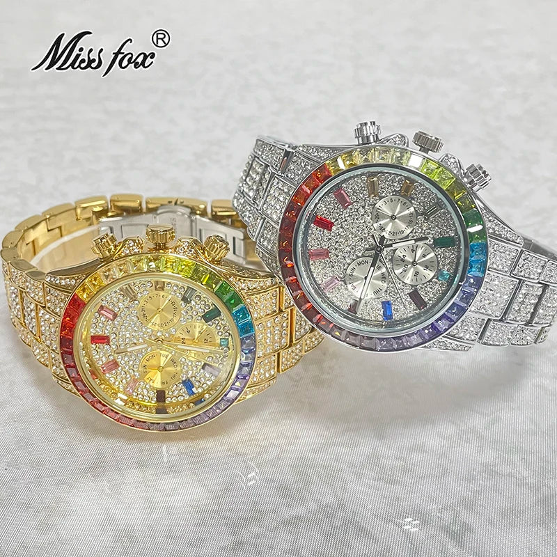 2022 Luxury Brand MISSFOX Gold Hip Hop Watches Men Fashion Rainbow Diamond Waterproof Smart Watch Full Steel Sports Clocks Male