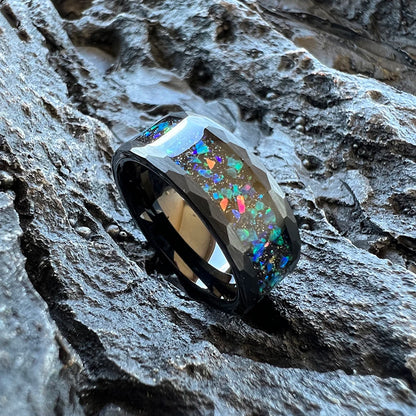 Tungsten Hammer Ring Cool Engagement Wedding Band For Men Women With Galaxy Opal Inlay