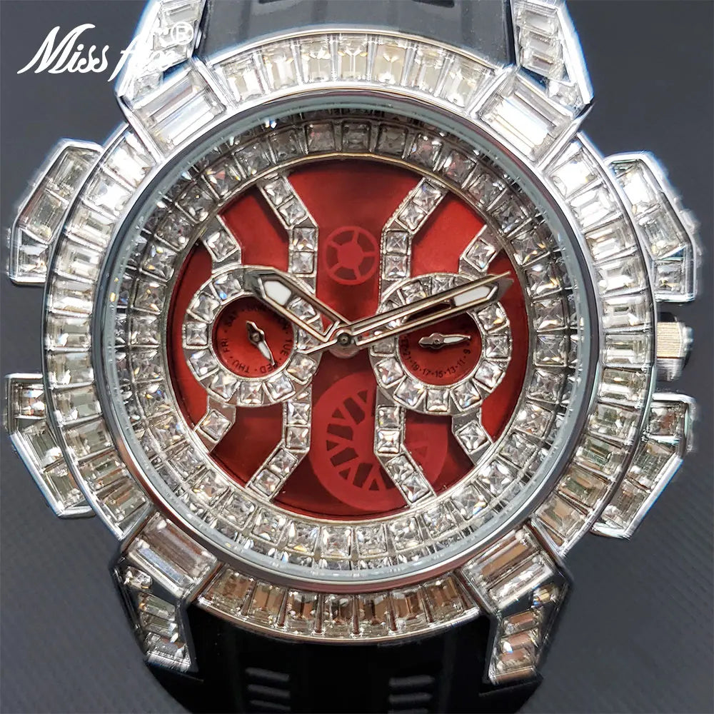 Men's Quartz Watches With Baguette Red Face Black Silcone Strap Dual Dial Watch For Man Unique Special Cool Iced Clock Dropship