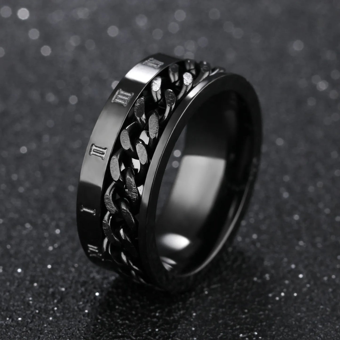 Roman Numerals Stainless Steel Chain Rotating Anxiety Black Rings For Men Fidget Metal Spinner Knuckle Ring Anillos De Hombre