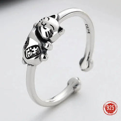 Silver Lucky Cat Finger Ring for Women.