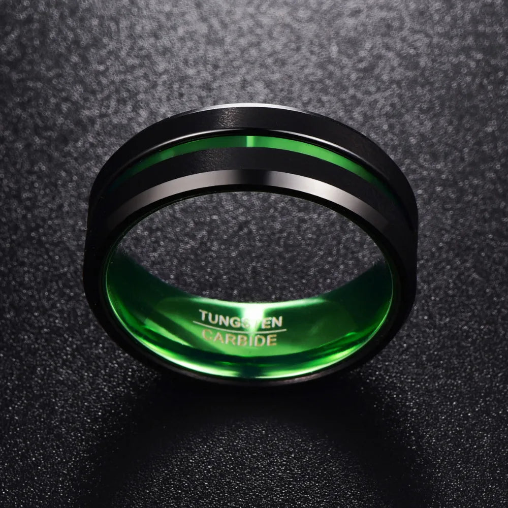 Men's Black Matte Finish Tungsten Carbide Ring Green Center Groove Polished Beveled Edges Comfort Fit