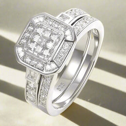 Silver Diamond Engagement Wedding Ring Set.