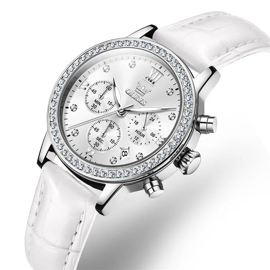 OLEVS Fashion Diamond Silver White Women Watch Leather.