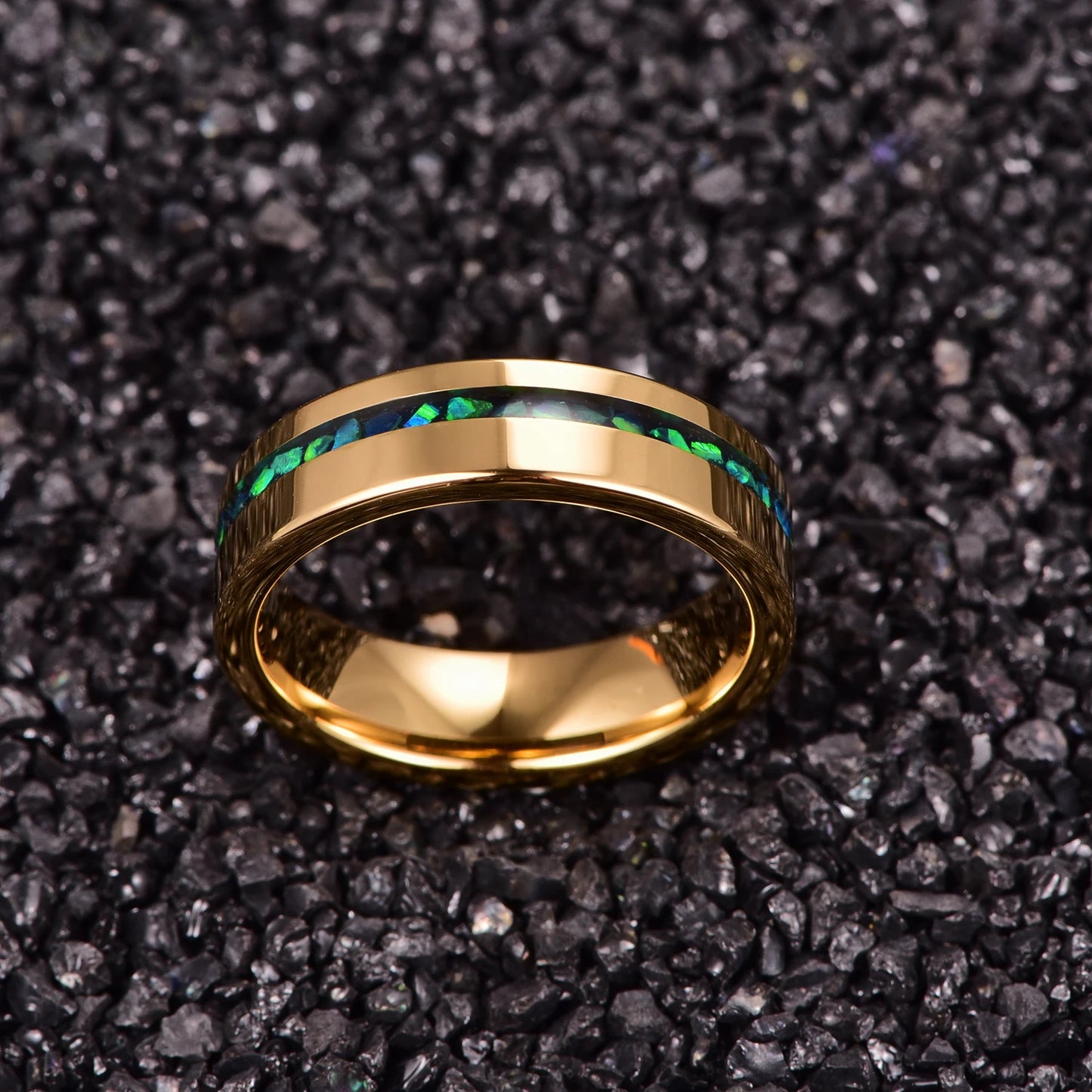 Tungsten Carbide Ring with Gold Polished Inlaid Green Opal &amp; Malachite