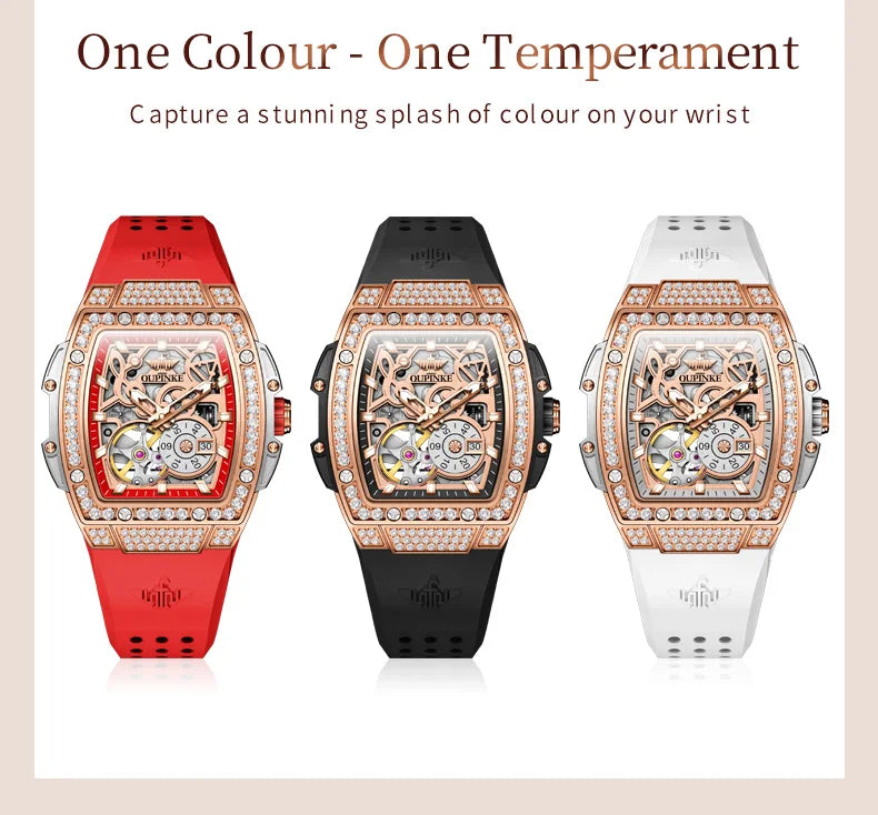 OUPINKE 3220 Diamond Woman Mechanical Watch Hollow Out Chronograph Automatic Watch for Women Luxury Elegant Ladies Wristwatch