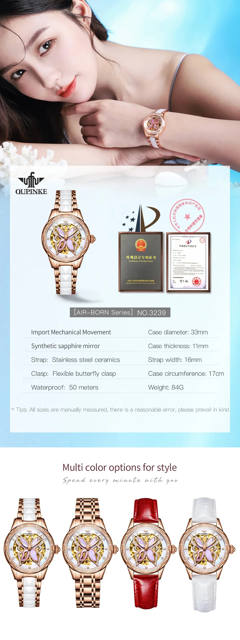 OUPINKE 3239 Hollow Skeleton Mechanical Watch For Women Top Brand Luxury Original Wristwatch Synthetic Sapphire Mirror Watches