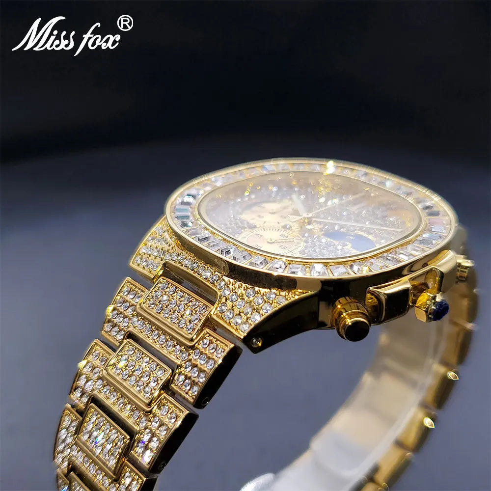 Luxury Gold Watch For Men Hip Hop Jewelry Multifunctional Moon Phase Watches Power By Battery Square Diamond Clock Droshipping