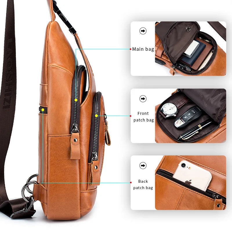 Brand 100% Genuine Leather Men's chest pocket crossbody bags with USB rechargeable Travel chest bag Fits 7.9 inches iPai pockets