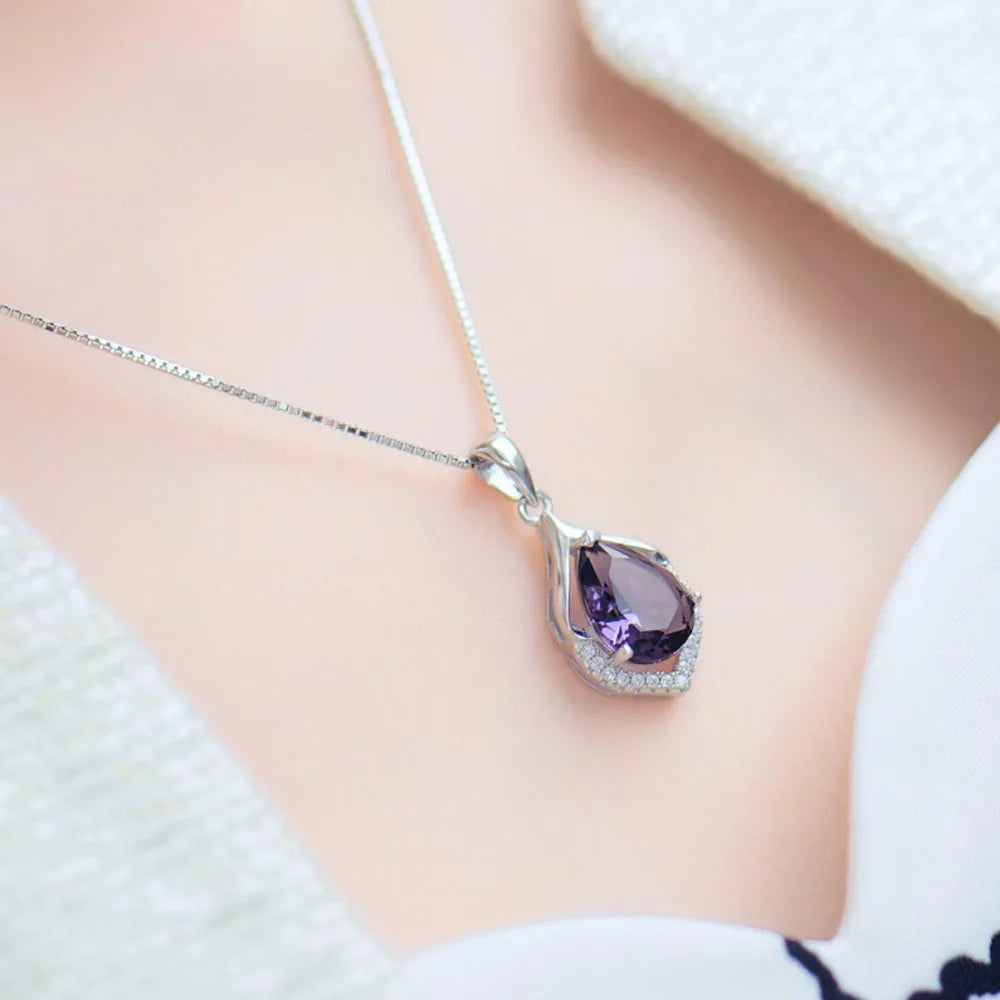 WOSIKATE Natural Amethyst 925 Sterling Silver Pendant Necklace For Women Daily Jewellery Clavicle Chain Necklace Accessories