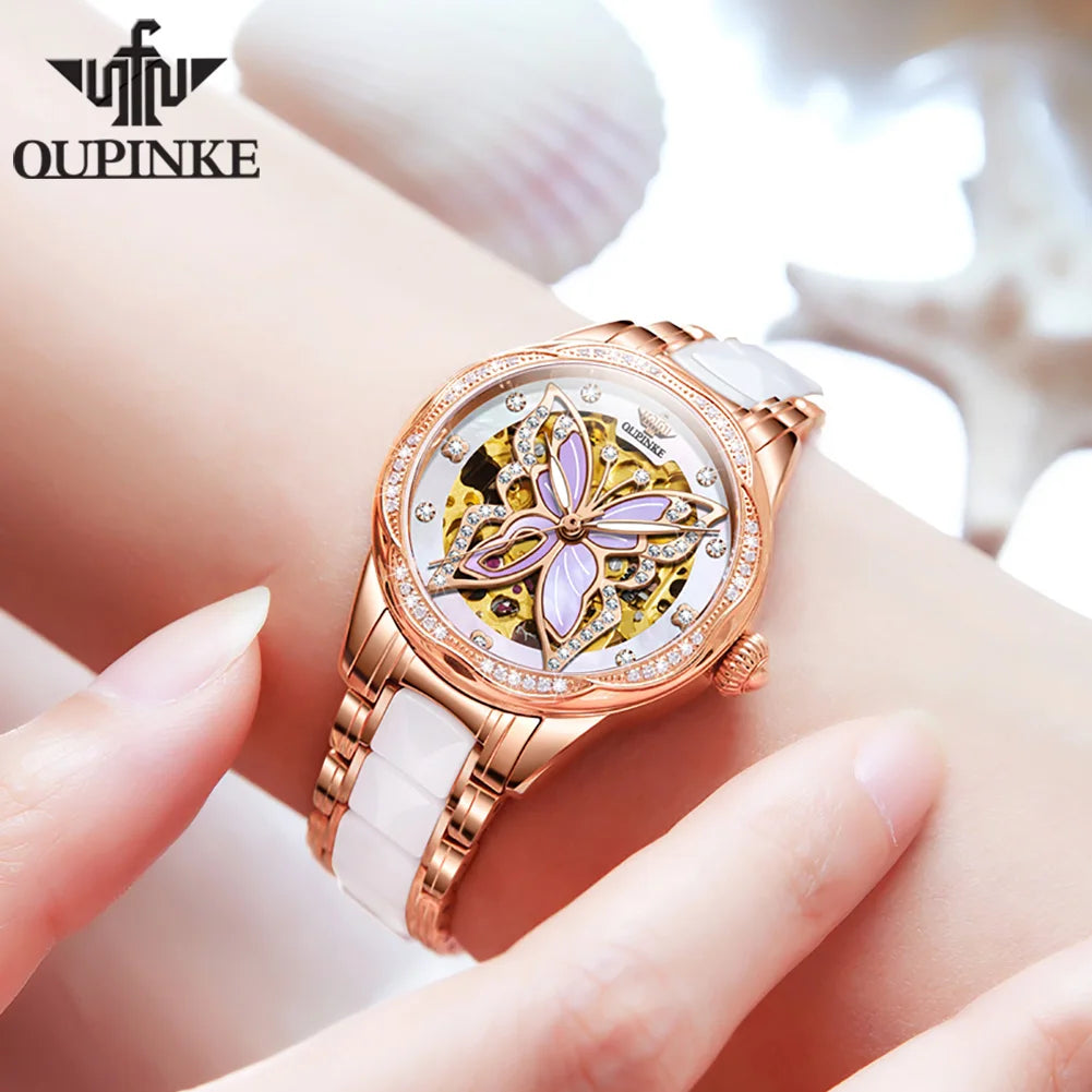 OUPINKE 3239 Hollow Skeleton Mechanical Watch For Women Top Brand Luxury Original Wristwatch Synthetic Sapphire Mirror Watches