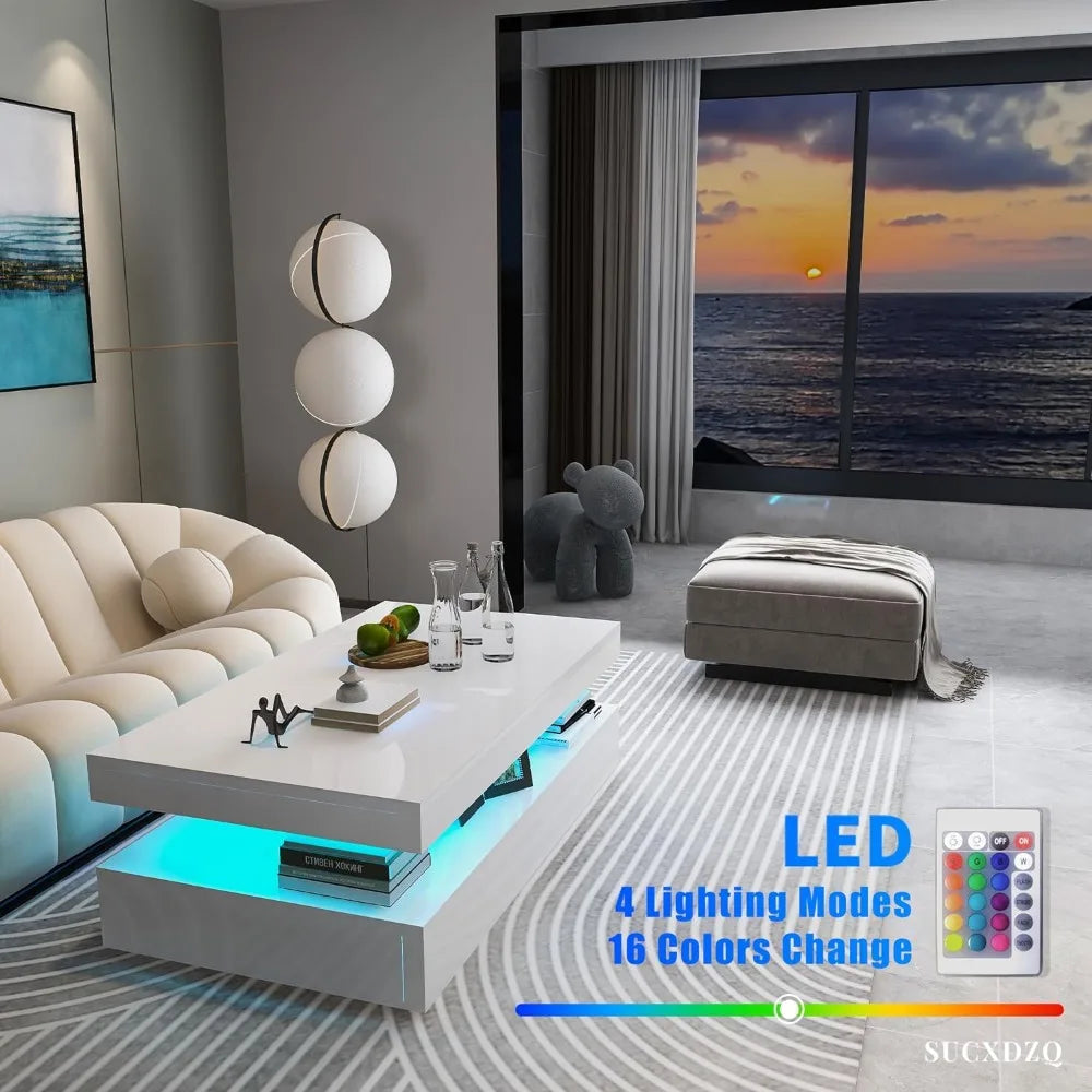 Green Coffee Table - High Gloss Modern Coffee Table with RGB LED Light for Living Room, Dining, and Salon