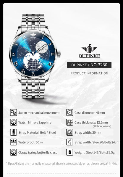 OUPINKE 3230 Men Watch Luxury 3D Earth Starry Sky Moon Phase Rotating Dial Business Waterproof Men Automatic Mechanical Watch