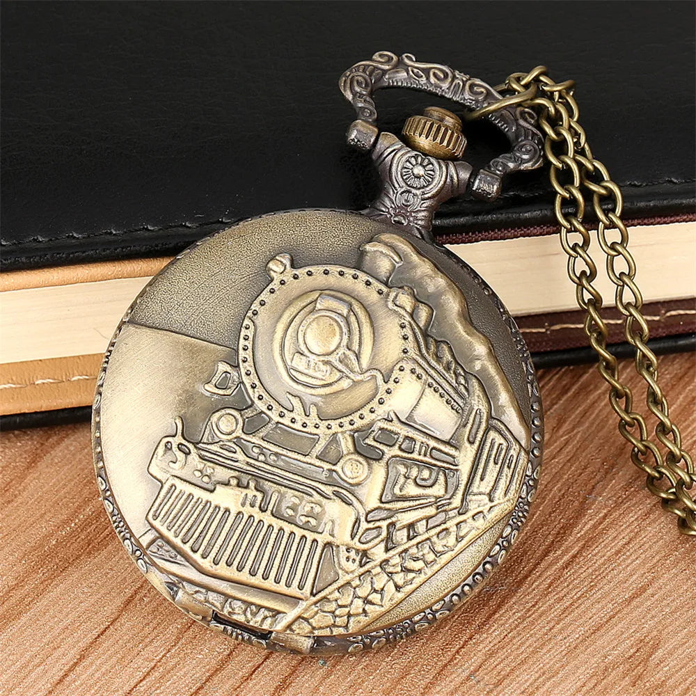 Vintage Retro Bronze Hollow Train Locomotive Steampunk Quartz Pocket Watch Women Men Necklace Pendant with Chain Birthday Gift