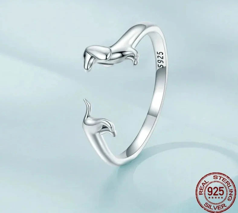 Real 925 Sterling Silver Cute Dachshund Dog Adjustable Ring.