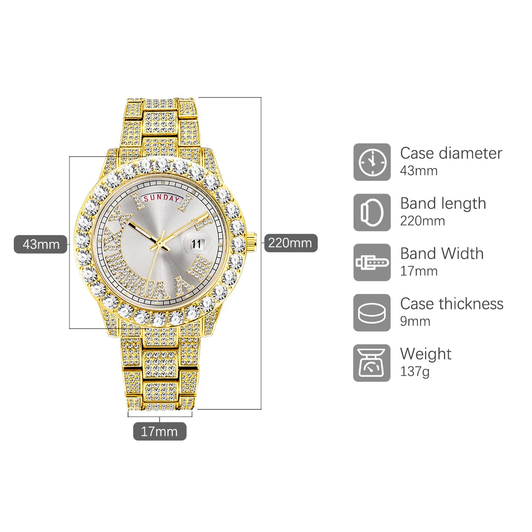 Men's Watches Adjust Date Day Stylish Hip Hop Rapper Style Diamond Watch For Man Women Waterproof Cool Trendy Accessorice New In