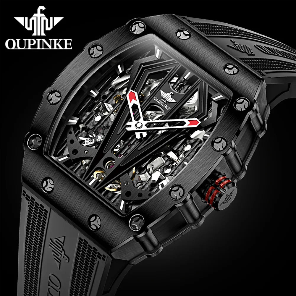 OUPINKE Mens Watches Luxury Brand Automatic Mechanical Wristwatch Fashion Skeleton Silicone Strap Sports Waterproof  Watch Men