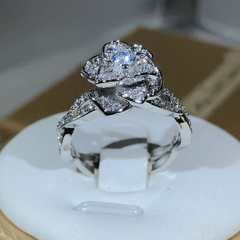 Sterling Silver Rose Ring White Zircon Full Diamond.