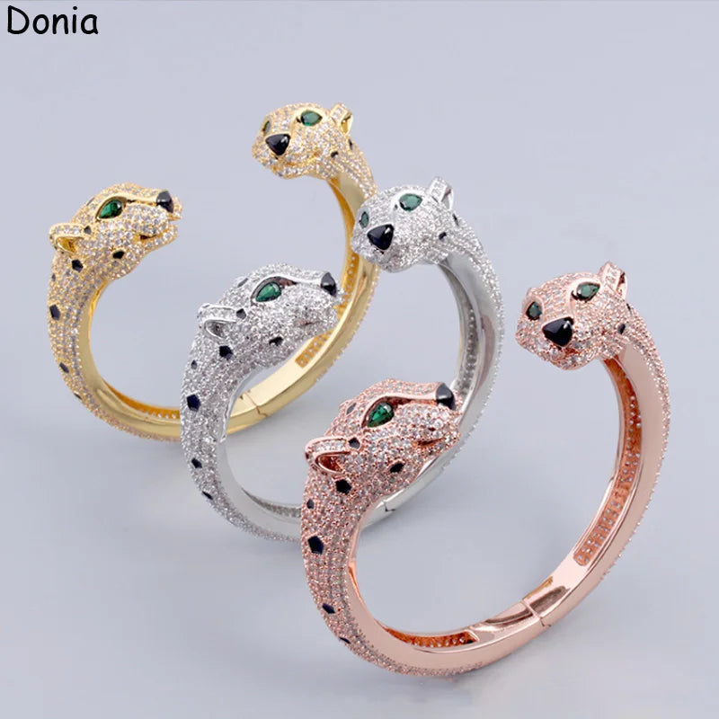 Donia jewelry Europe and America double head green eye leopard titanium steel inlaid AAA zircon bracelet ring luxury jewelry set