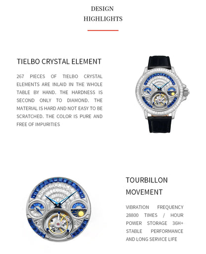 TIELBO Luxury Crystal Diamond Automatic Tourbillon Movement Man Watch