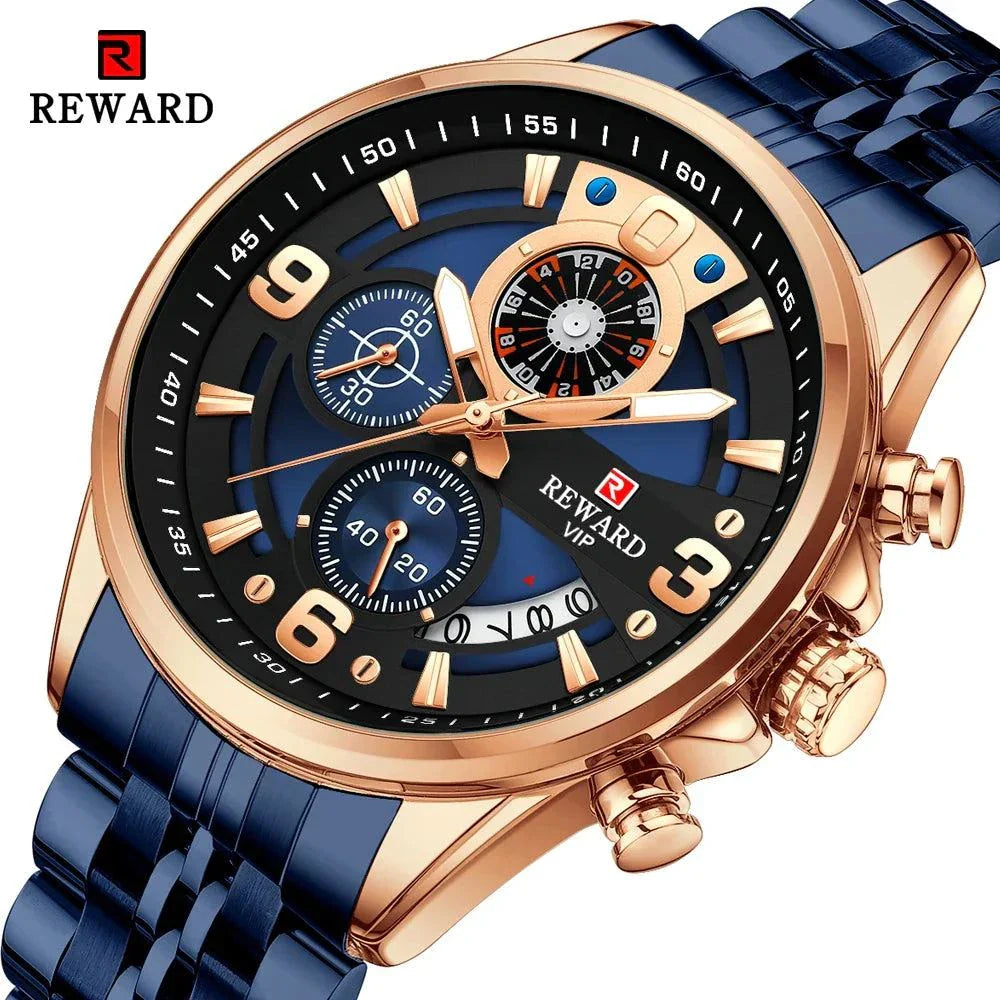 REWARD New Mens Watches Stainless Steel Luxury Waterproof Chronograph