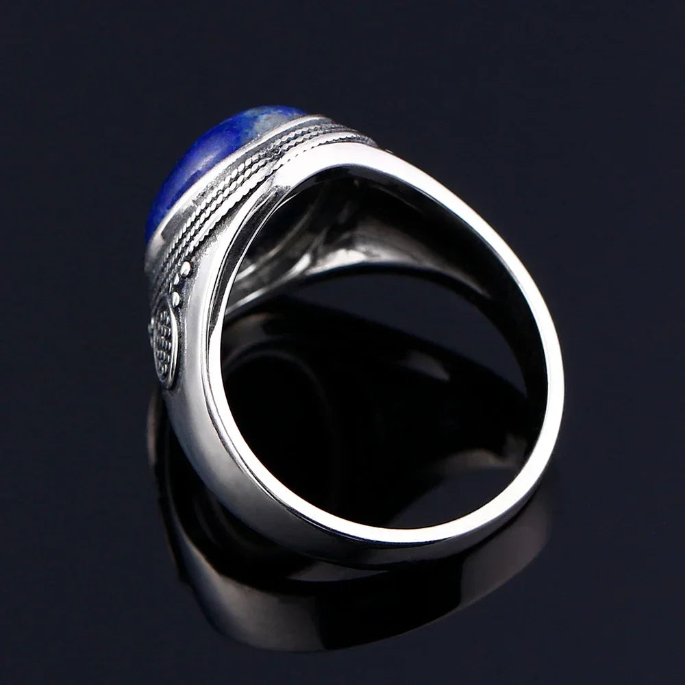 Sterling Silver 925 Ring Natural Big Oval Lapis Rings for Men Women Retro Luxury Fine Jewelry Party Anniversary Gift