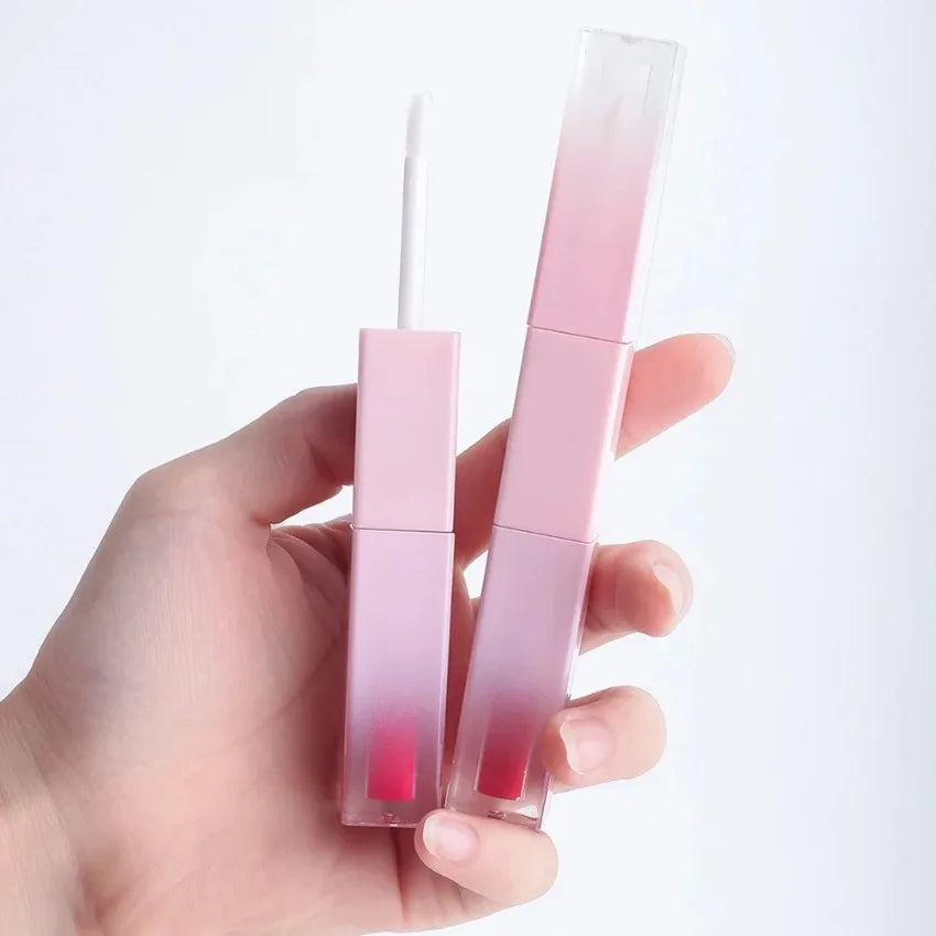 Custom 7colors Gradient Pink Tube Lipgloss Non-stick Cup Matte Waterproof 2in1 Double-head Long Lasting Hydrating Lip Oil Makeup