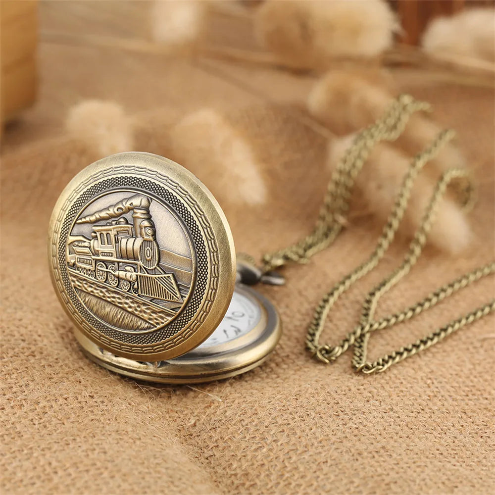 Vintage Retro Bronze Hollow Train Locomotive Steampunk Quartz Pocket Watch Women Men Necklace Pendant with Chain Birthday Gift