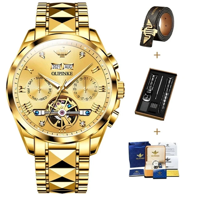 OUPINKE 3186 High Quality Luxury Skeleton Flywheel Automatic Watch for Men 5Bar Waterproof Dual Calendar Brand Men&